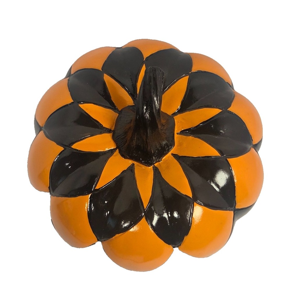 Harlequin Pumpkin Figurine Black Orange Checkered Halloween Fall Decor 8 In - Picture 2 of 5